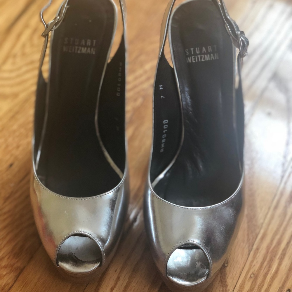 Size 7 Silver Stuart Weitzman Peep Toe Slingback